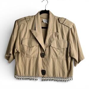 Vintage Cropped Silk Khaki Jacket with Beaded Hem and Large Buttons